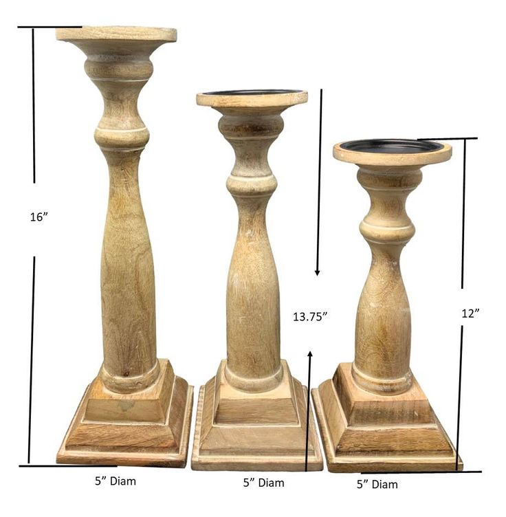 three tall wooden candlesticks are shown with measurements for each candle holder and base