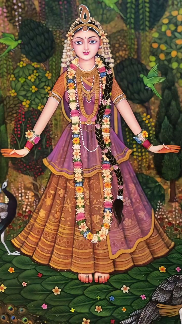 a painting of a woman standing in front of trees and flowers with her hands out