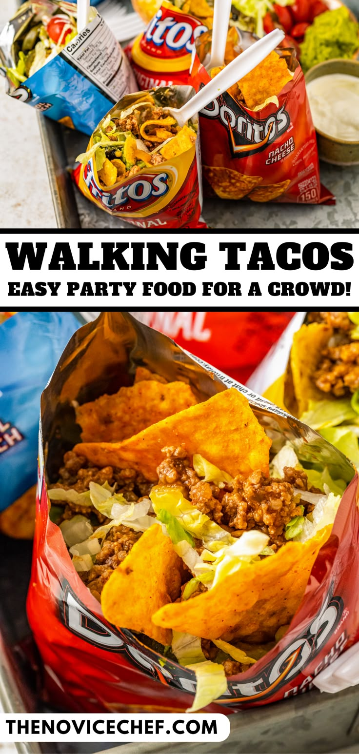 an image of tacos and chips with text overlay reading walking tacos easy party food for a crowd