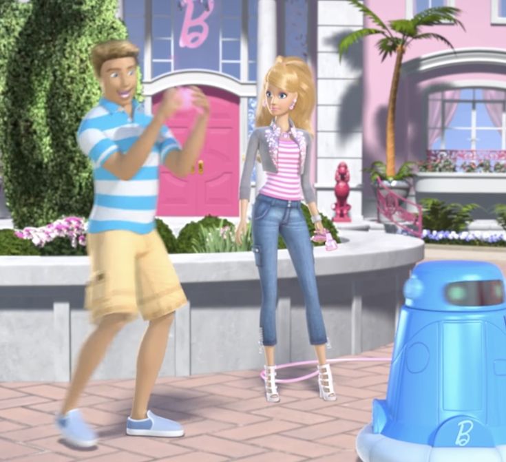 two animated people are playing in front of a pink and blue building with palm trees