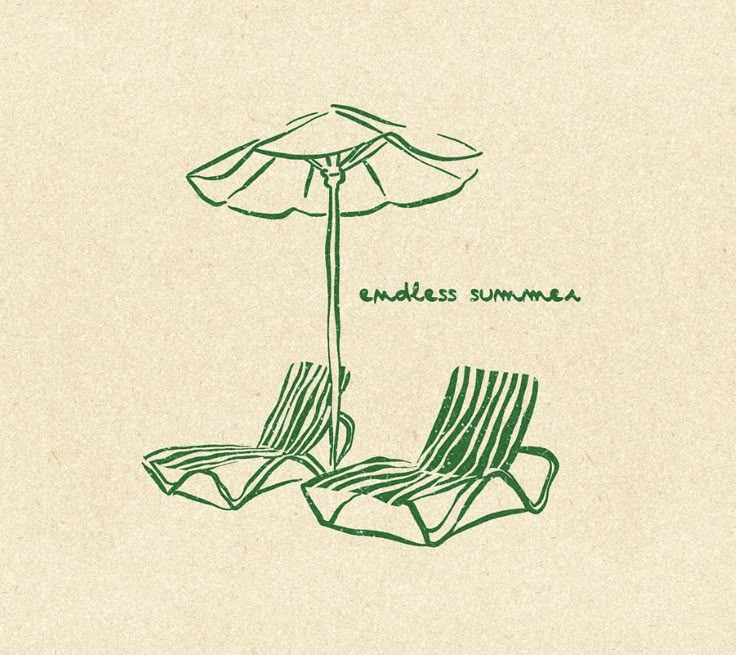 two lawn chairs under an umbrella with the words endless summer written on it in green ink