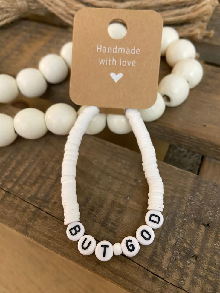 but God . . .  (clay bead bracelet) The "but God" phrase on the bracelet represents the message of God's compassionate intervention. The bracelet is stretchy and wears comfortably on the wrist.  It is made with clay beads and acrylic white letter beads.  To find your perfect size fit, simply measure your wrist and then size up 1/4 inch.  * For example:  Wrist measurement is 6 1/2 inches, so add 1/4 inch.  You would order a 6 3/4 inch bracelet for the perfect comfort fit. When placing your order, simply add the size that you want. Christian Bracelets Clay Beads, Christian Clay Bracelet Ideas, Diy Bracelets Patterns Beads, Diy Clay Bead Bracelet, Christian Clay Bead Bracelets, Diy Bracelet Ideas With Beads, Christian Bracelets Diy, Christian Bracelet Ideas, Christian Beaded Bracelets