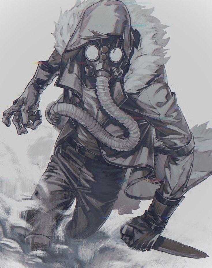 a man in a gas mask is holding a knife and running through the snow with his jacket on