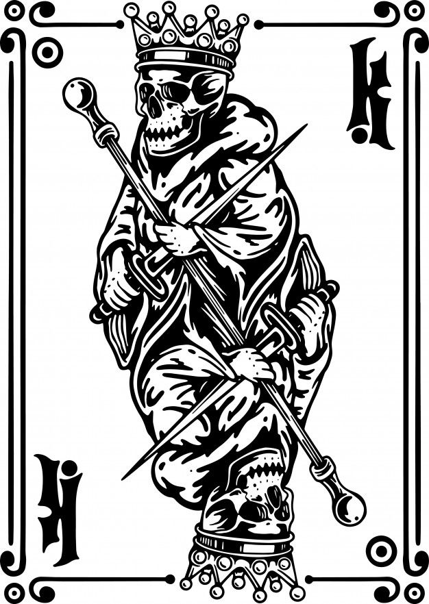 a black and white playing card with a skeleton holding a knife, fork and spoon