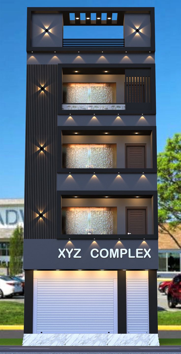 an architectural rendering of a tall building with lights on it's sides and the words xyz complex written below