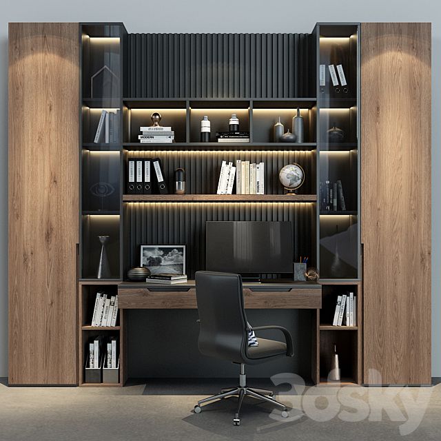 an office area with a desk, bookshelf and chair