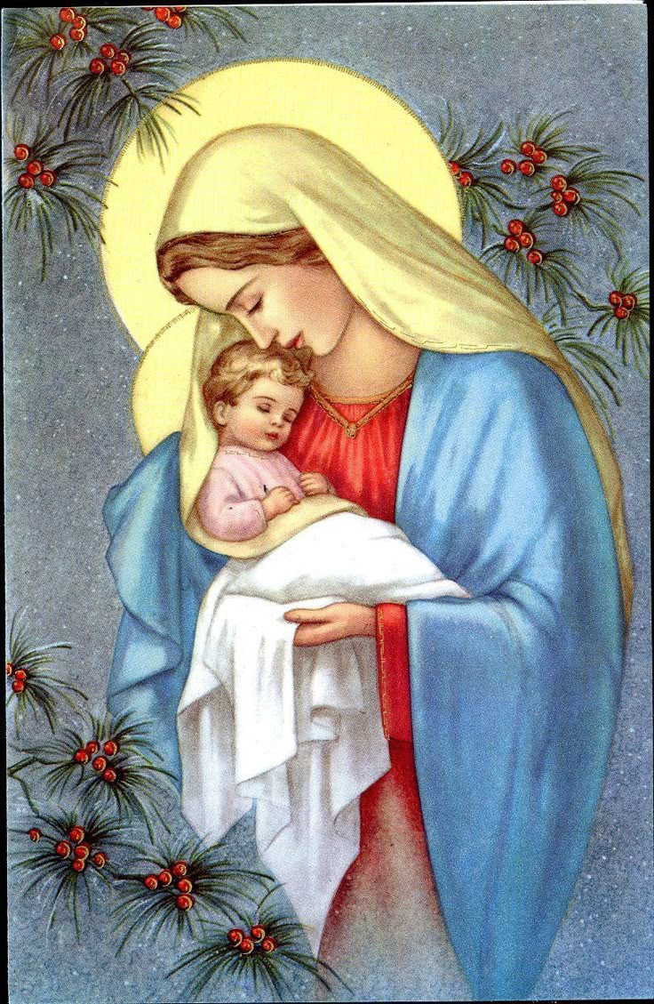 an image of the virgin mary holding a child in her arms with pine branches around it