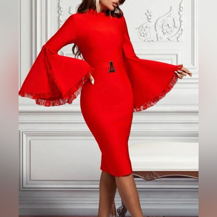 Brand New Never Been Worn Red Bandage Dress. Size Large. Zips Up Back With Bell Sleeves. Does Have Small Lace Detail Around The Sleeves. Ruffle Look Around The Neck. Gold Accent Detail At Waist. Red Dress Fancy, Red 3/4 Sleeve Party Dress, Chic Red Dress With 3/4 Sleeves, Red Belted Long Sleeve Midi Dress, Red 3/4 Sleeve Dress For Work, Red Bell Sleeve Dress, Baby Dress Tutorials, Red Bandage Dress, Source Unknown