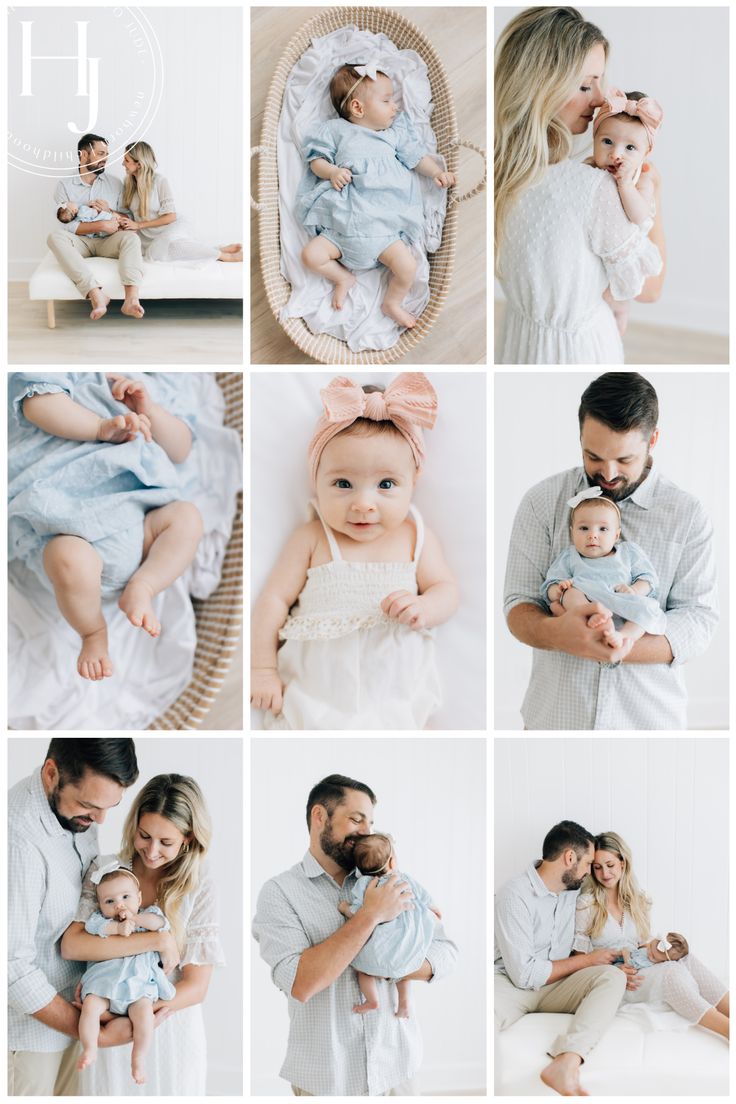 a collage of photos with babys and parents in white outfits, all holding each other