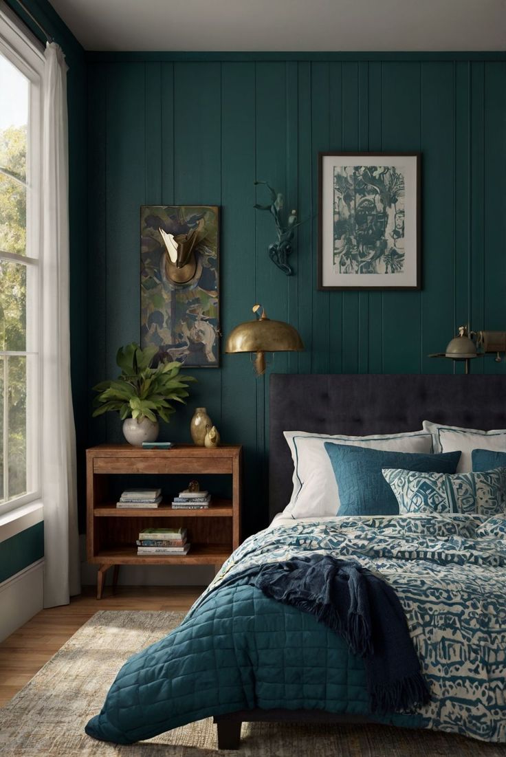 a bedroom with green walls and blue bedding