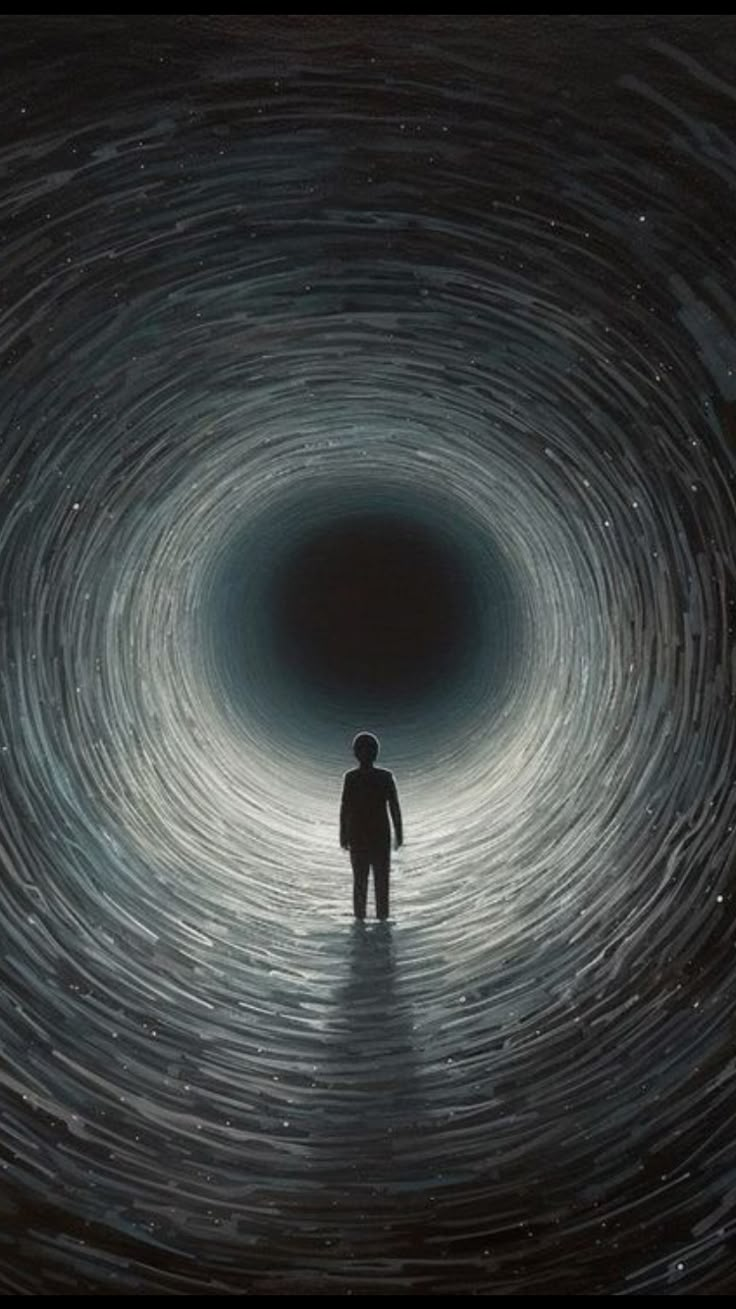 a man standing in the middle of a dark tunnel