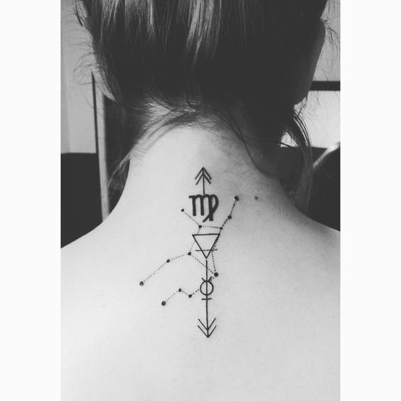 a woman's upper back neck tattoo with the zodiac sign and stars on it