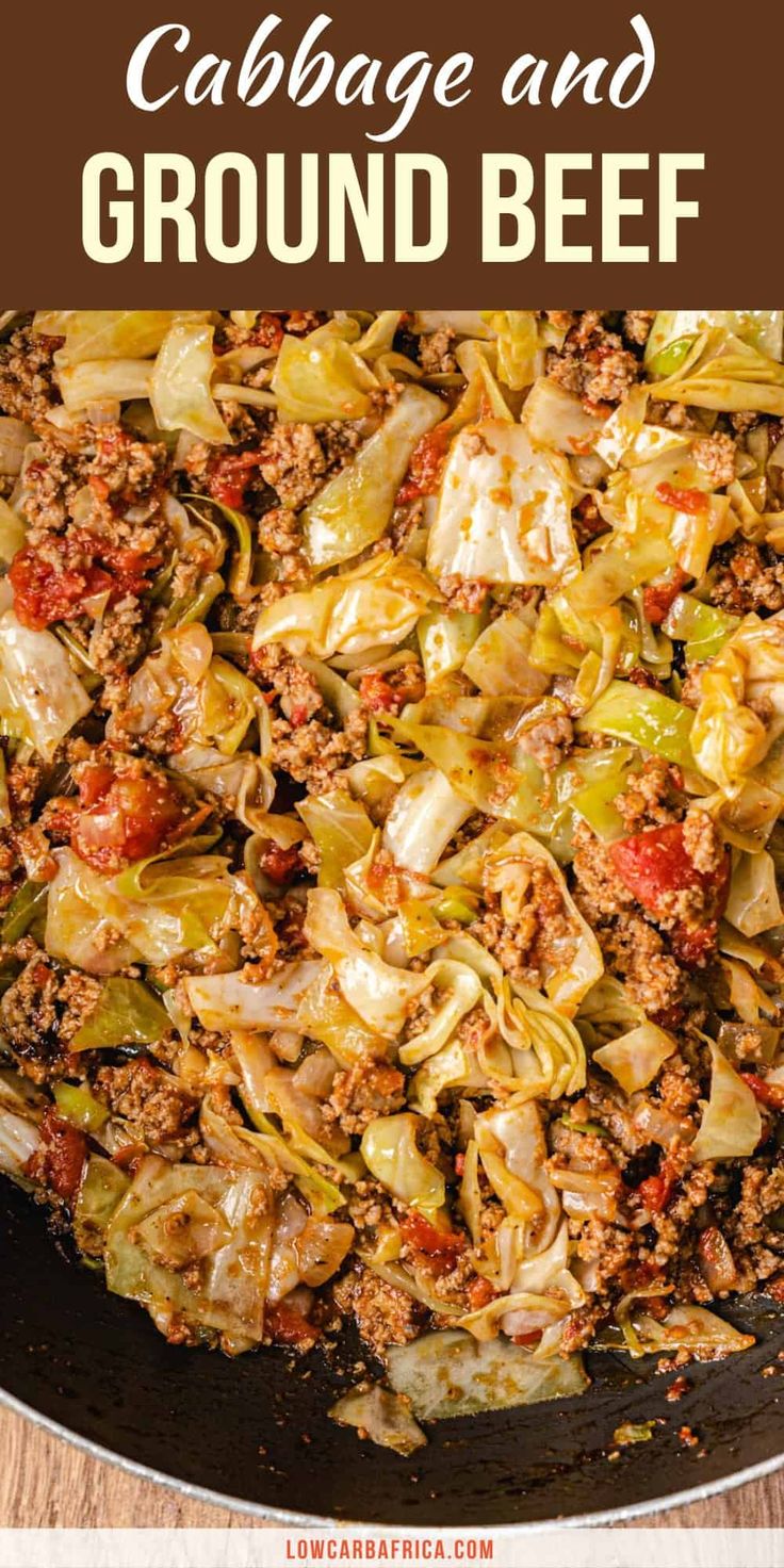 cabbage and ground beef in a skillet with text overlay