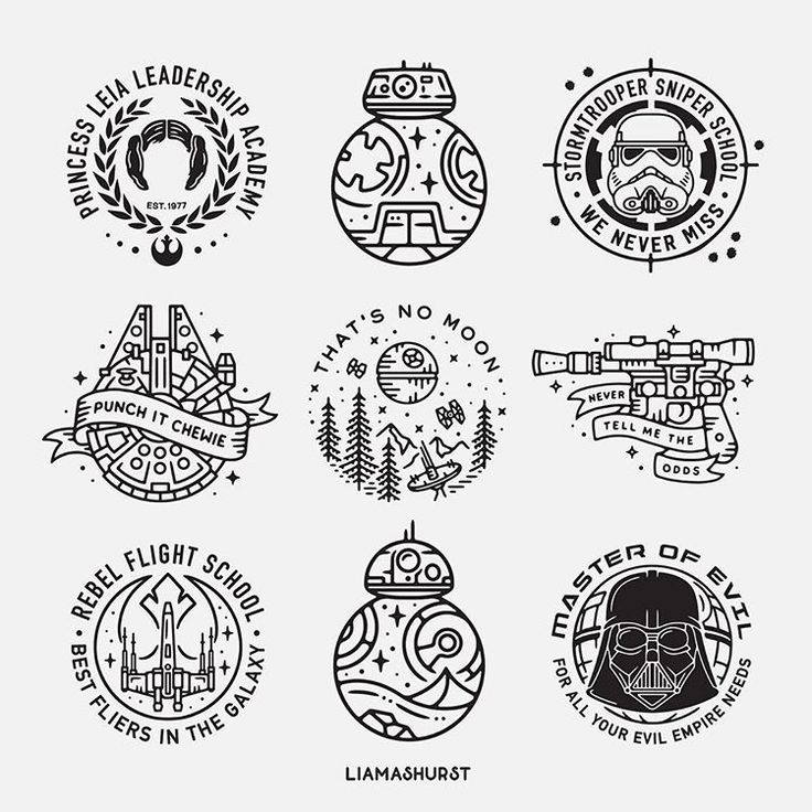 six star wars emblems in black and white, each with a different type of character