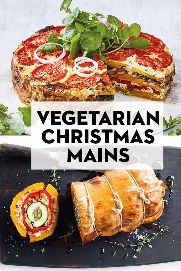 vegetarian christmas mains on a cutting board with the title overlay reads, vegetarian christmas mains