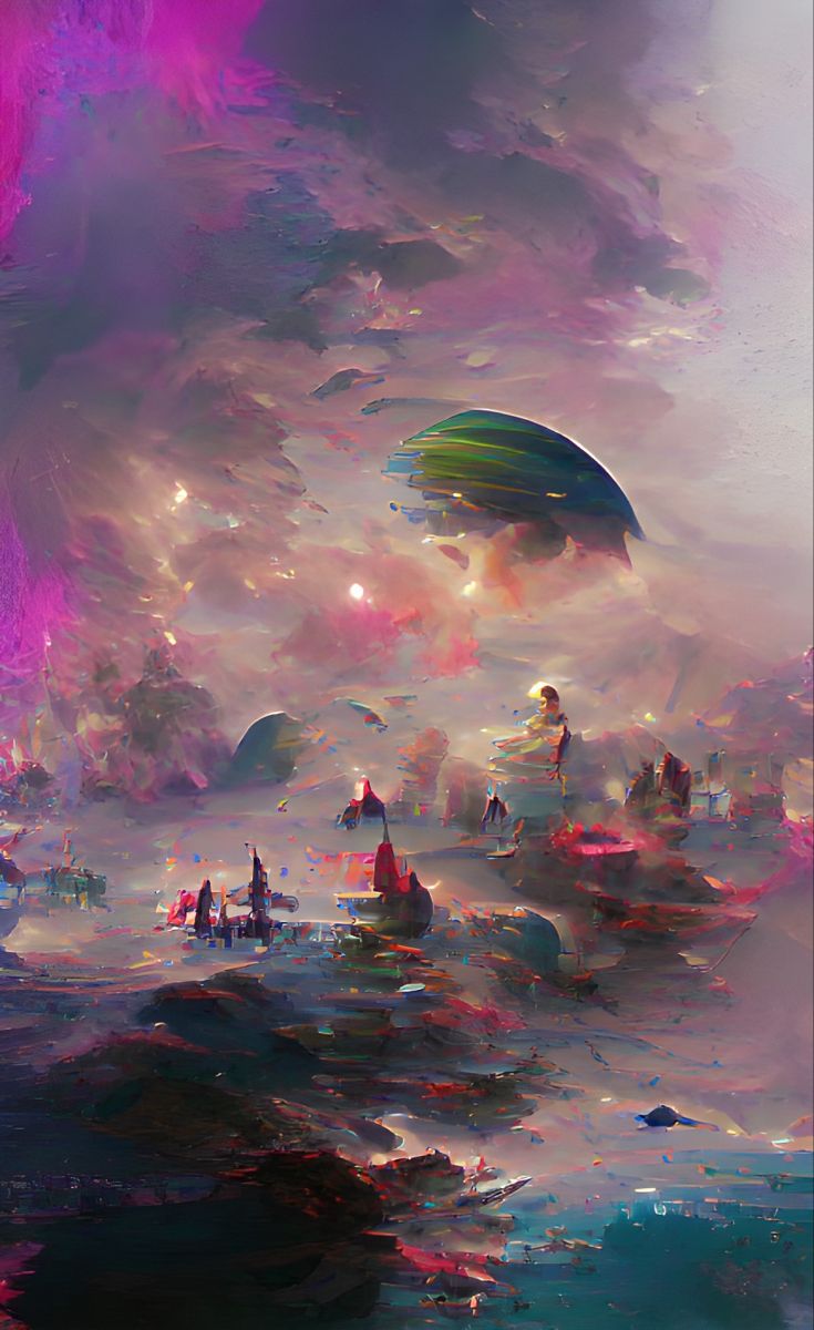 an abstract painting with people floating in the sky