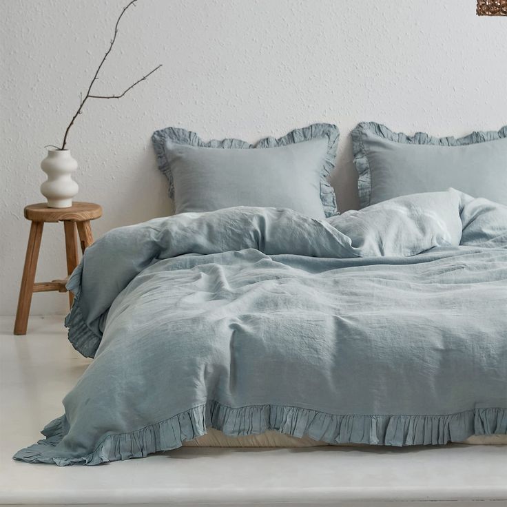 PRICES MAY VARY. What You Can Get-3 pieces bedding set includes 1 duvet cover and 2 pillow shams（not include the comforter）Size:Queen duvet cover size is 88" x 92", 2 pillow shams: 20" x 26";Every set includes 2 spare buttons. Unique Design-Button closure,the fasteners are hidden for a seamless look，which is pretty and classic.There are 4 corner ties which ensure your comforter remains immovable in the cover. There are beautiful ruffles on 3 sides,extra long to cover the bed's border on(The ruff Belgian Linen Duvet Covers, Ruffled Duvet, Twin Size Duvet Covers, Ruffle Duvet Cover, Linen Duvet Cover, Linen Sheet Sets, Farmhouse Bedding, Sectional Sofa Couch, Bedroom Headboard