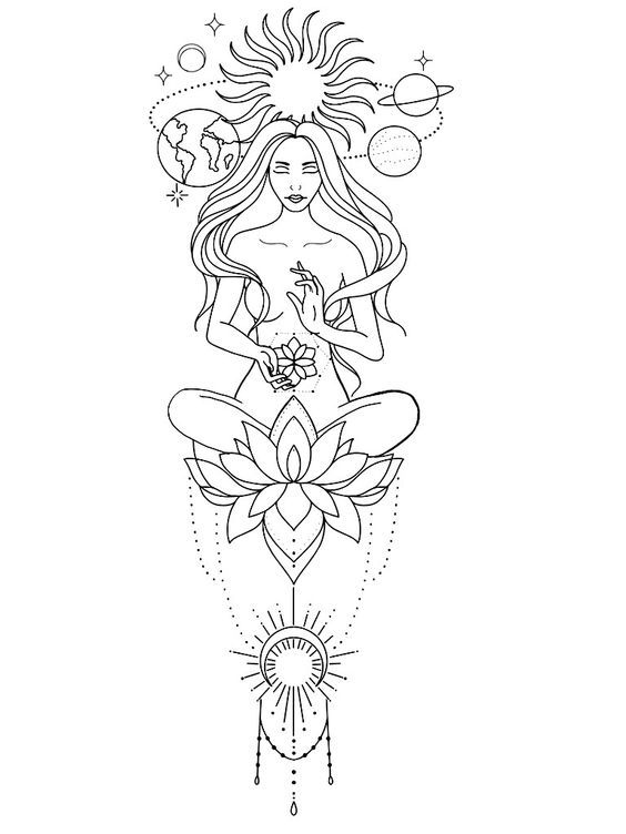 a drawing of a woman sitting on top of a flower with stars and planets above her