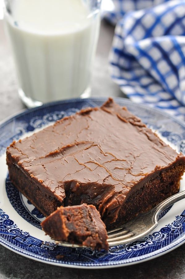 a piece of chocolate cake on a blue and white plate next to a glass of milk