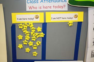 a bulletin board with yellow stars on it in front of a classroom door that says class attendance who is here today?