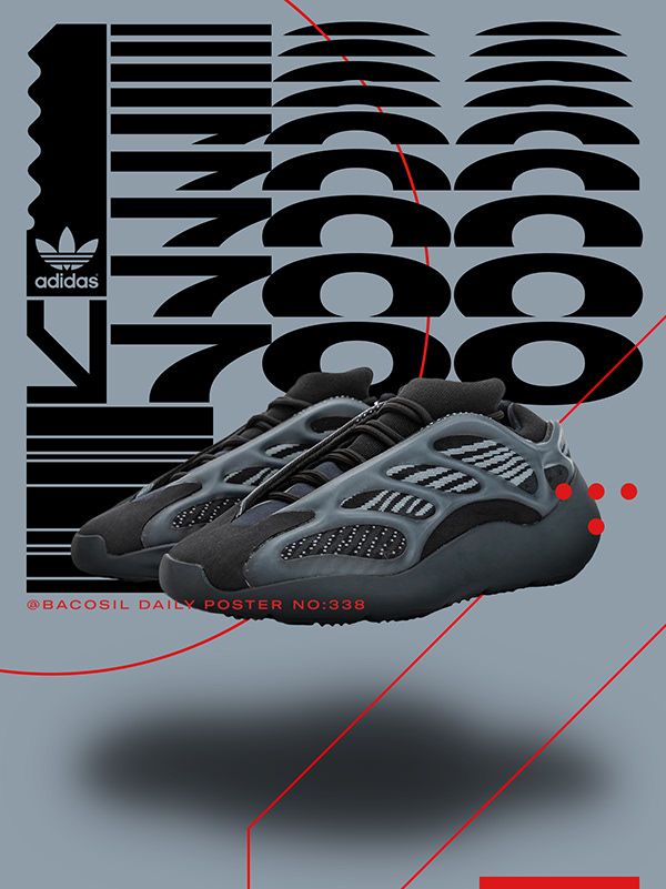 an advertisement for adidas featuring a pair of shoes in black and grey with red details