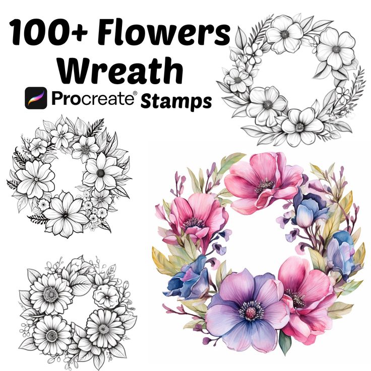 flowers and wreaths with the words procreate stamps