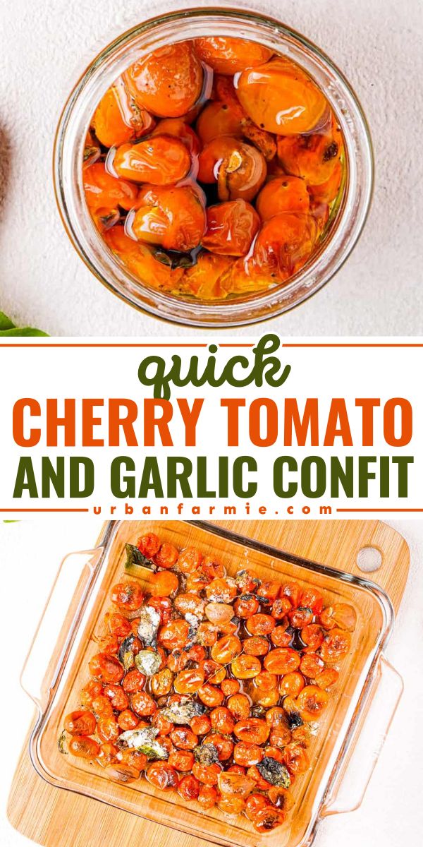 Looking for a quick and easy Spring recipe? This Cherry Tomato and Garlic Confit requires almost no active prep time. This confit recipe is tart, and delicious and makes a great summer side dish for BBQ. Save this pin for later!