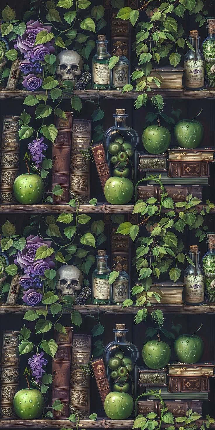 a shelf filled with lots of green apples and books