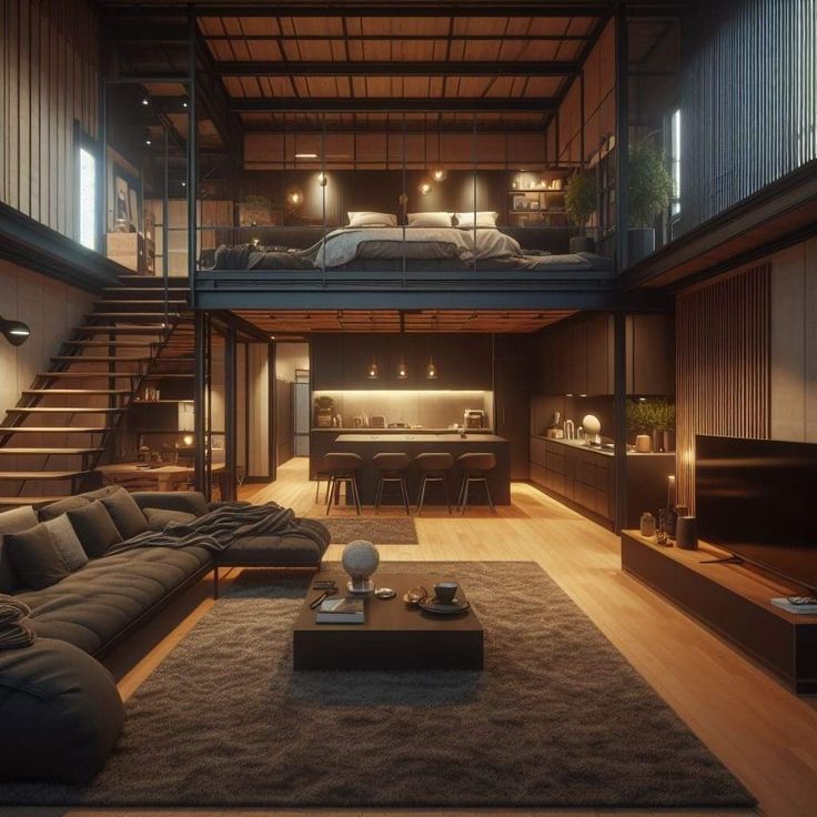 a living room filled with furniture next to a loft style bed in a bedroom on top of a wooden floor