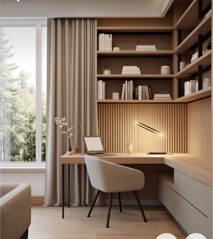 a room with a desk, chair and bookshelf next to a large window