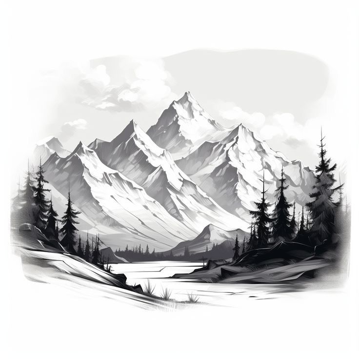 a black and white drawing of snow covered mountains