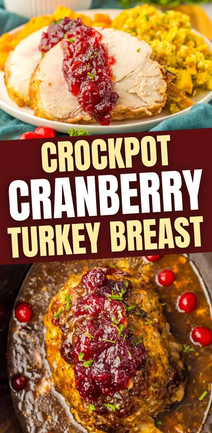 crockpot cranberry turkey breast on a platter with stuffing and gravy