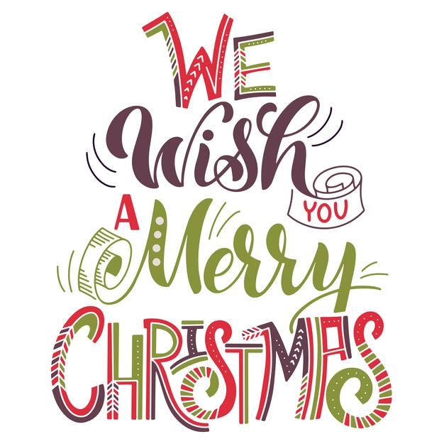 we wish a merry christmas greeting card with hand drawn typograms on white background