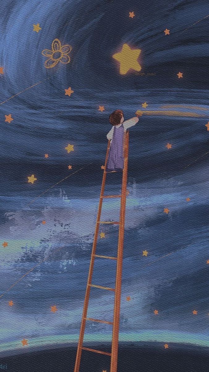 a painting of a person on a ladder reaching for the stars