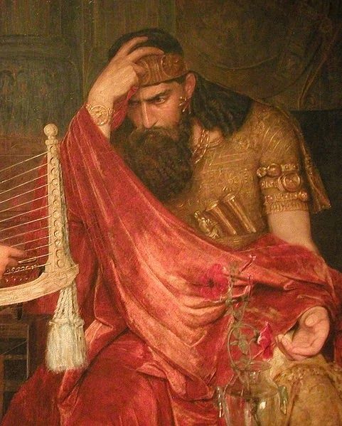 a painting of a man with a harp