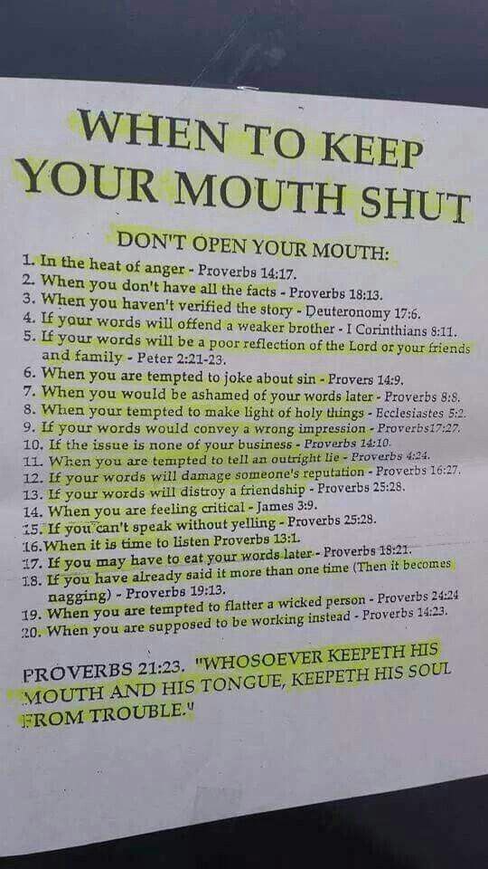 a sign posted on the side of a car that says, when to keep your mouth shut don't open your mouth