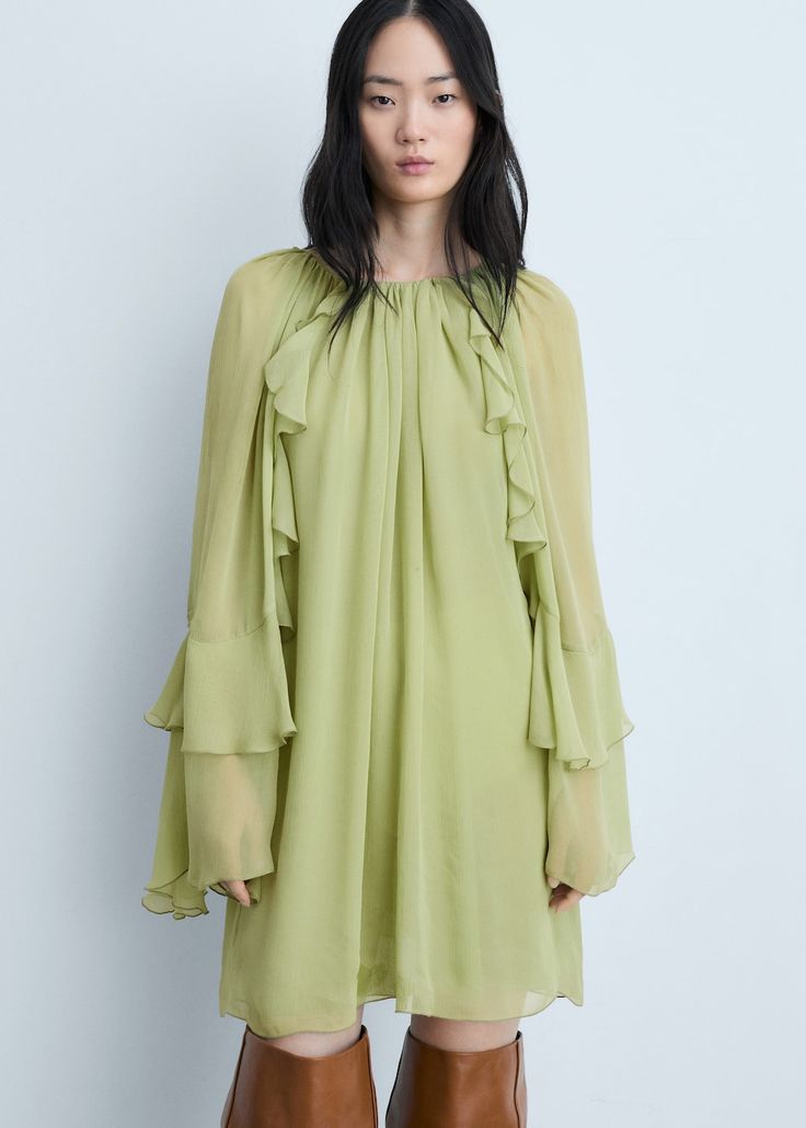 Ruffled chiffon dress - Woman | MANGO USA Mango Clothing, Float Dress, Chiffon Ruffle Dress, Floaty Dress, Short Design, Ruffle Design, Flowy Fabric, Bohemian Look, Chiffon Ruffle