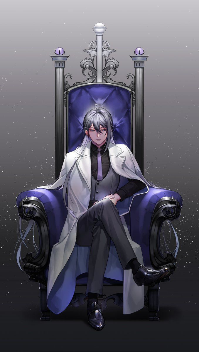 an anime character sitting in a blue chair