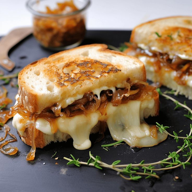 two grilled sandwiches on a black plate with cheese and meat toppings next to a bowl of sauce