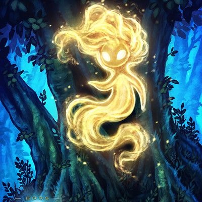 an animated image of a woman sitting in the middle of a tree with glowing hair