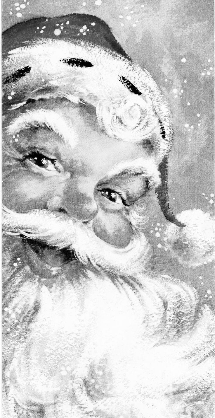 a black and white drawing of santa claus looking at the camera with his eyes closed