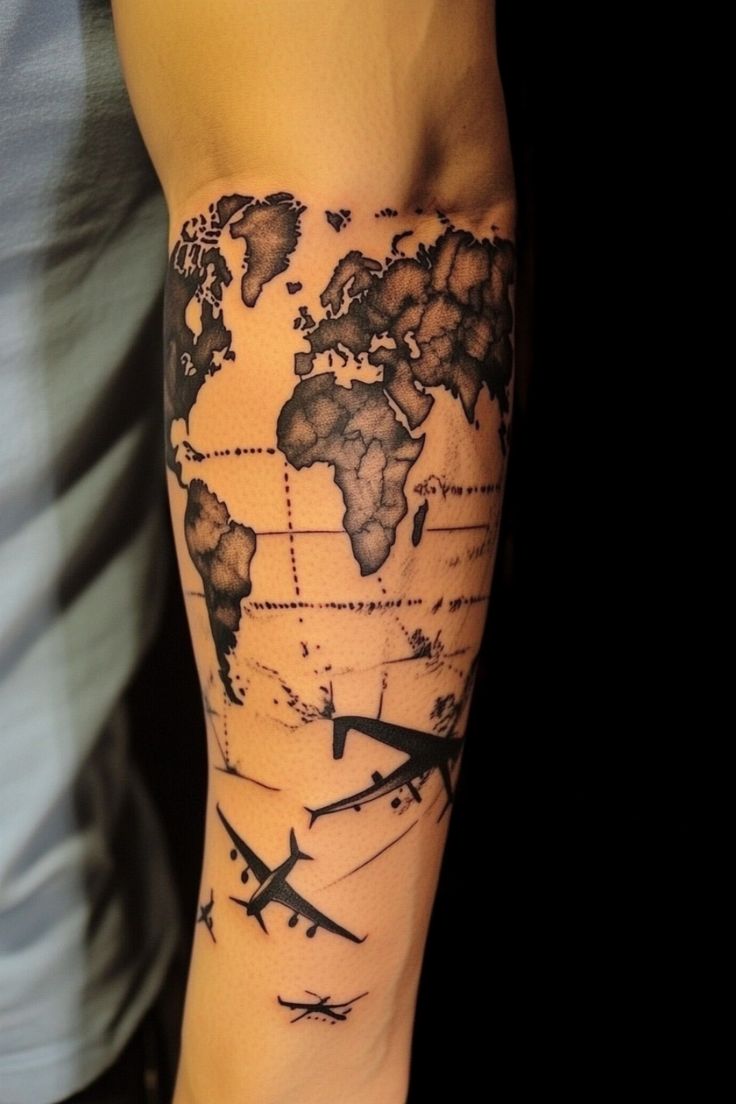 World map tattoo on someone's arm with airplane designs. Wanderlust Tattoos, Travel Tattoo Ideas, Airplane Window View, Travel Tattoos, Faith Tattoo, Compass Design, Mountain Landscapes, Simple Line Drawings, Hummingbird Tattoo