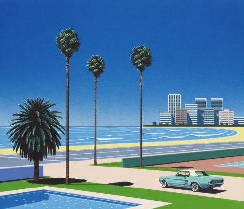 a painting of a car parked in front of a swimming pool with palm trees next to it