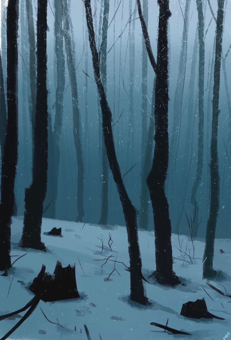 a painting of trees and snow in the woods