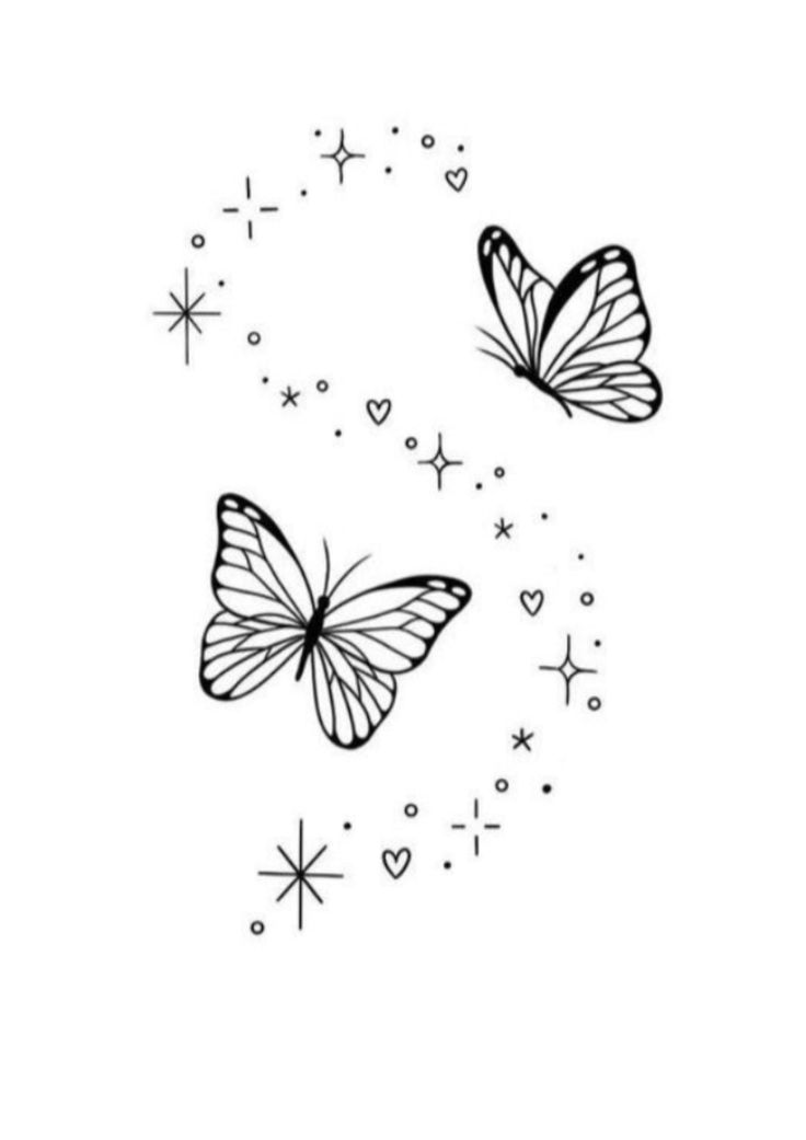 two butterflies flying in the sky with stars and hearts on it's back side