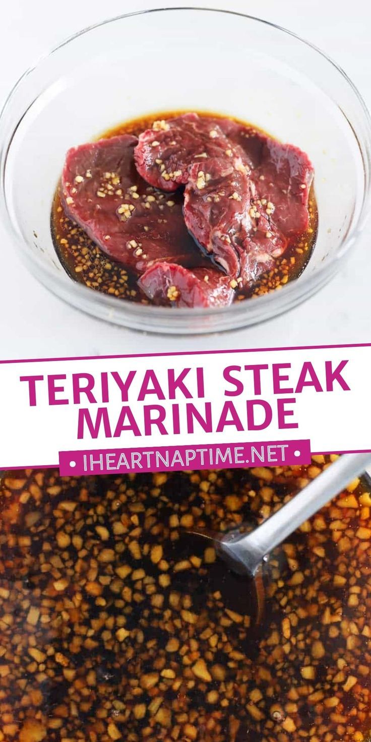 steak marinade in a glass bowl with the title text overlay reads teriyaki steak marinade heartnapime net