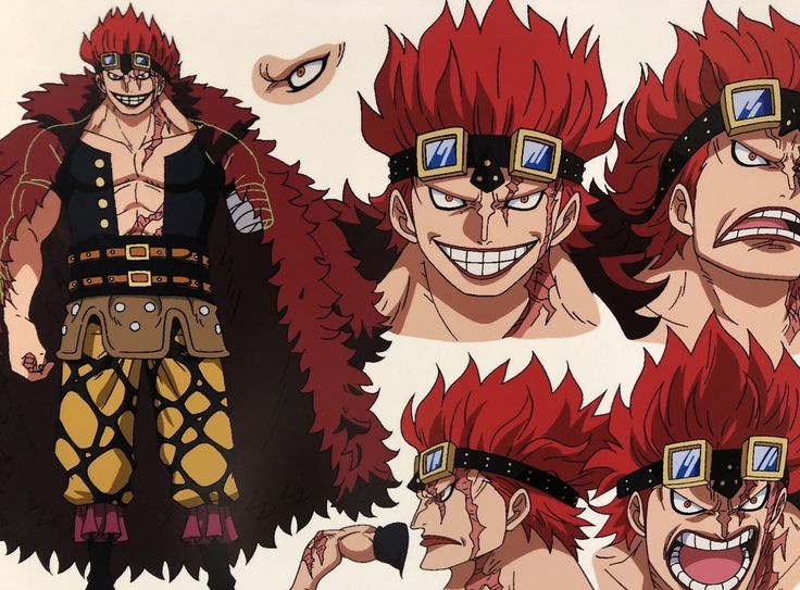 an anime character with red hair and glasses on his head, in various poses for the camera