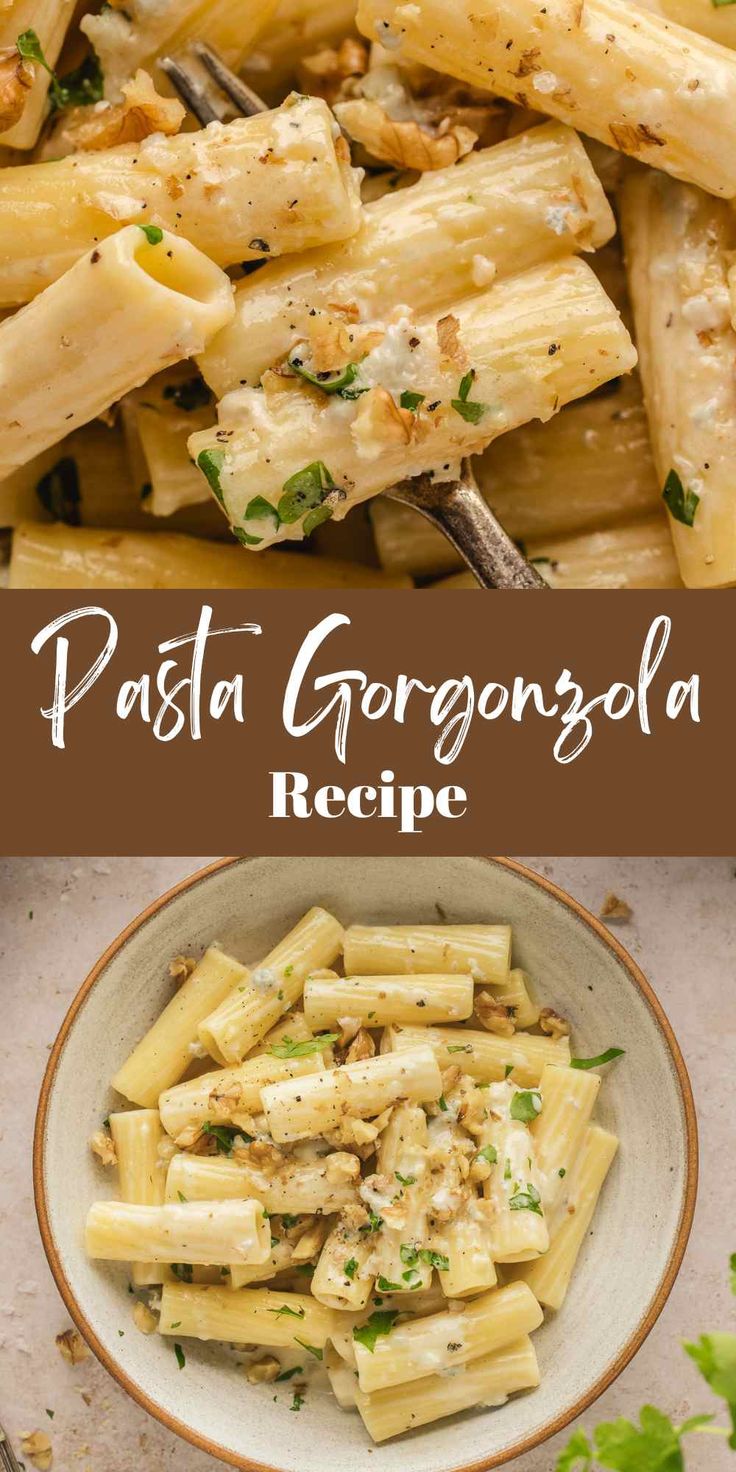 pasta with parmesan cheese and herbs in a white bowl next to another dish