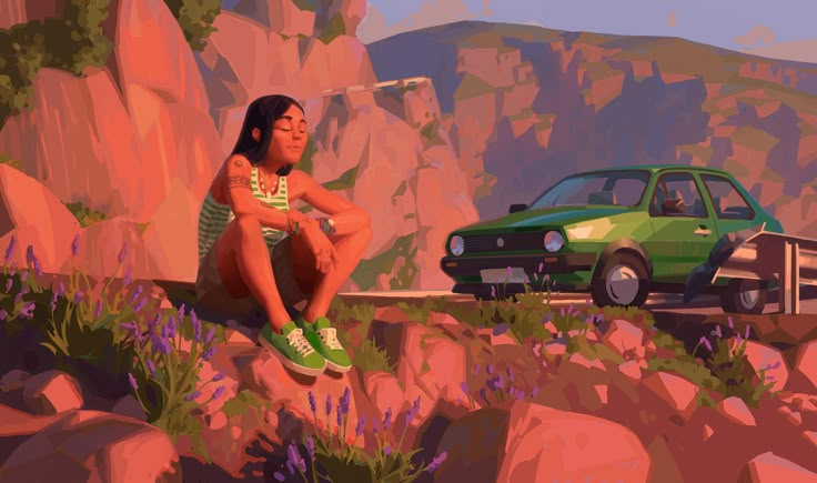 a painting of a woman sitting next to a green car on the side of a road