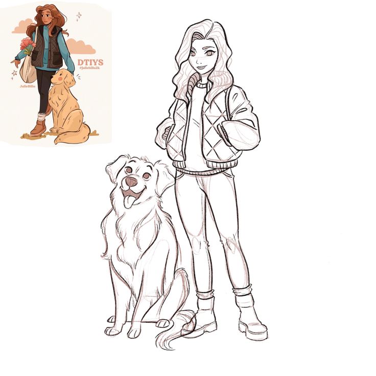 a drawing of a woman standing next to a dog and another drawing of a girl